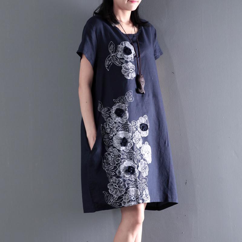 Navy Embroideries flower linen sundresses summer shift dress blouse - Omychic