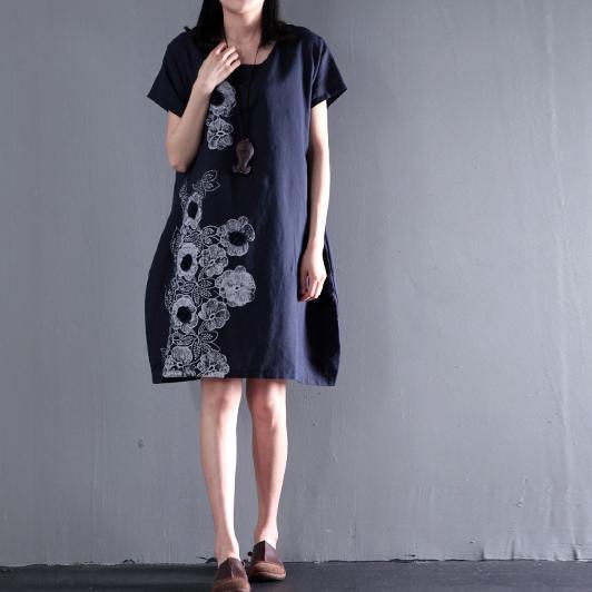 Navy Embroideries flower linen sundresses summer shift dress blouse - Omychic
