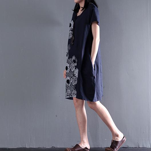 Navy Embroideries flower linen sundresses summer shift dress blouse - Omychic