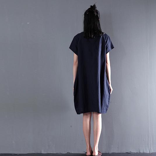 Navy Embroideries flower linen sundresses summer shift dress blouse - Omychic