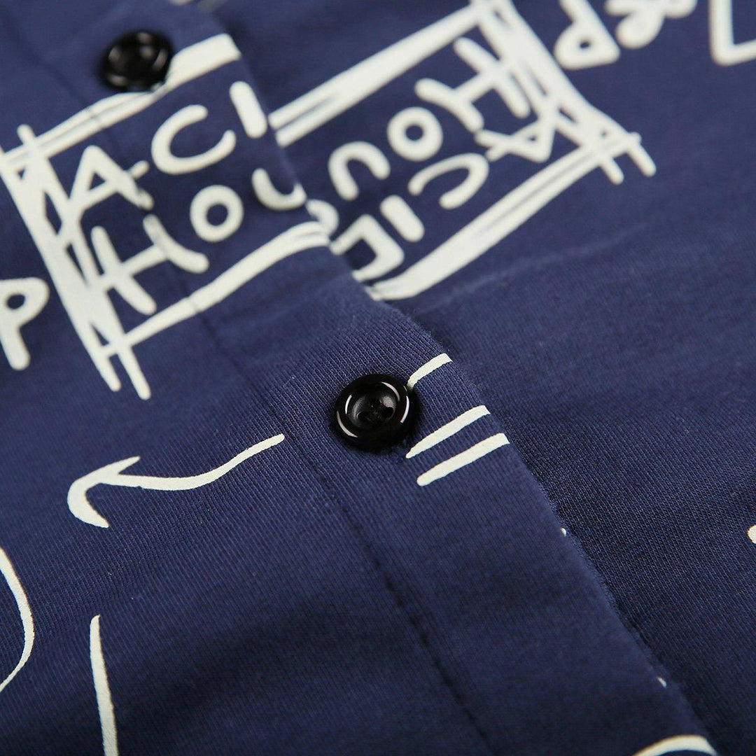 Navy Graffiti print cotton spring coat shirt women blouse - Omychic