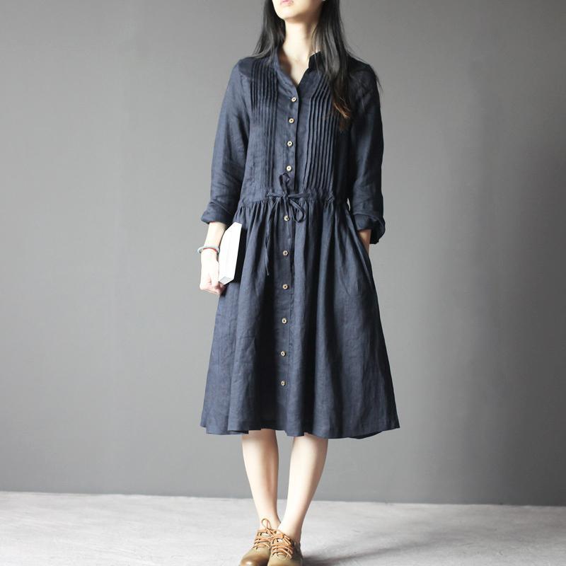 Navy Retro Linen dress long sleeve sundresses Plus size Casual style - Omychic
