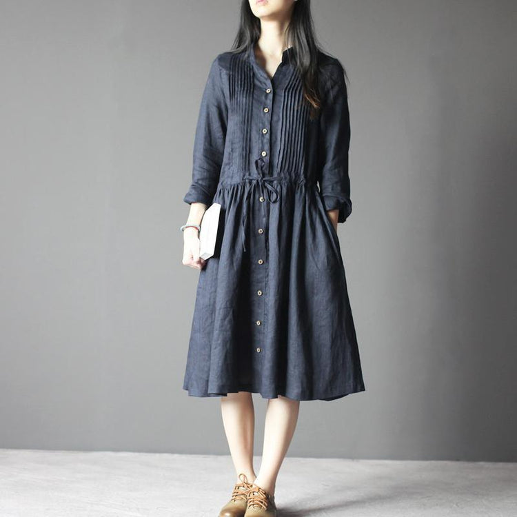 Navy Retro Linen dress long sleeve sundresses Plus size Casual style - Omychic
