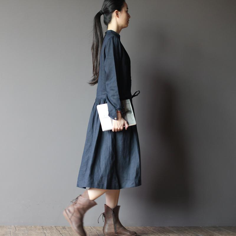 Navy Retro Linen dress long sleeve sundresses Plus size Casual style - Omychic
