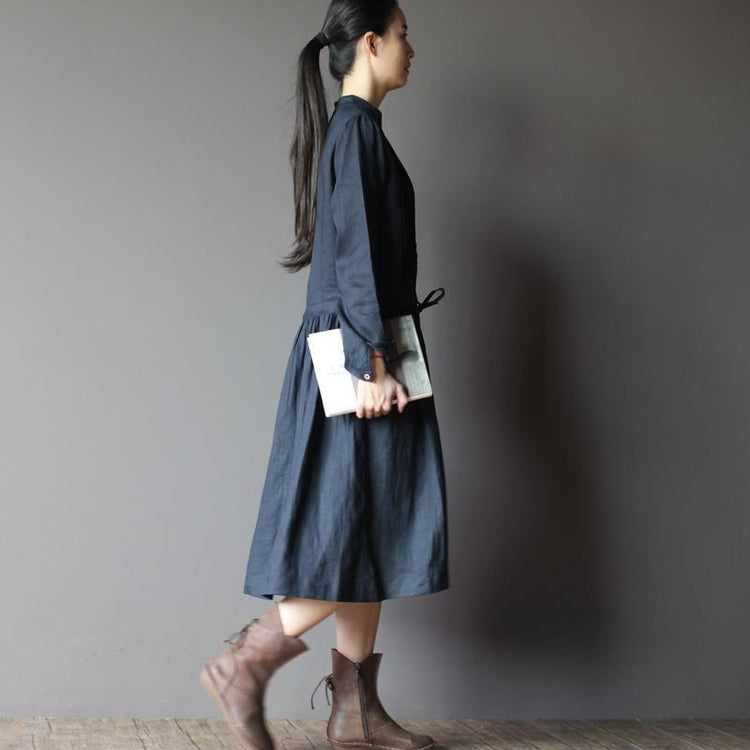 Navy Retro Linen dress long sleeve sundresses Plus size Casual style - Omychic