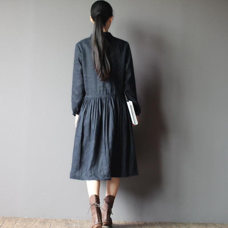 Navy Retro Linen dress long sleeve sundresses Plus size Casual style - Omychic