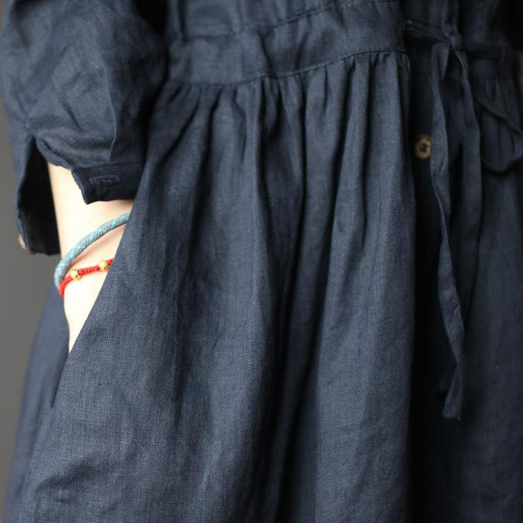 Navy Retro Linen dress long sleeve sundresses Plus size Casual style - Omychic