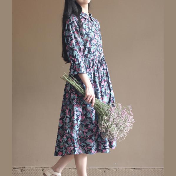Navy bamboo leaves print cotton dresses long maxi dress pleated dresses - Omychic