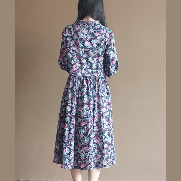 Navy bamboo leaves print cotton dresses long maxi dress pleated dresses - Omychic