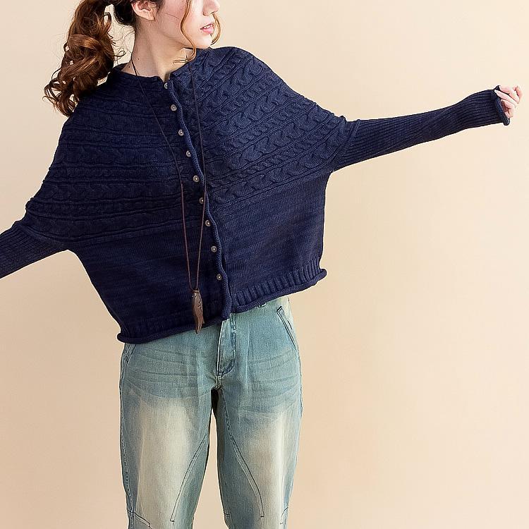 Navy batwing sweaters short oversized cable knit woolen sweater pullover tops - Omychic