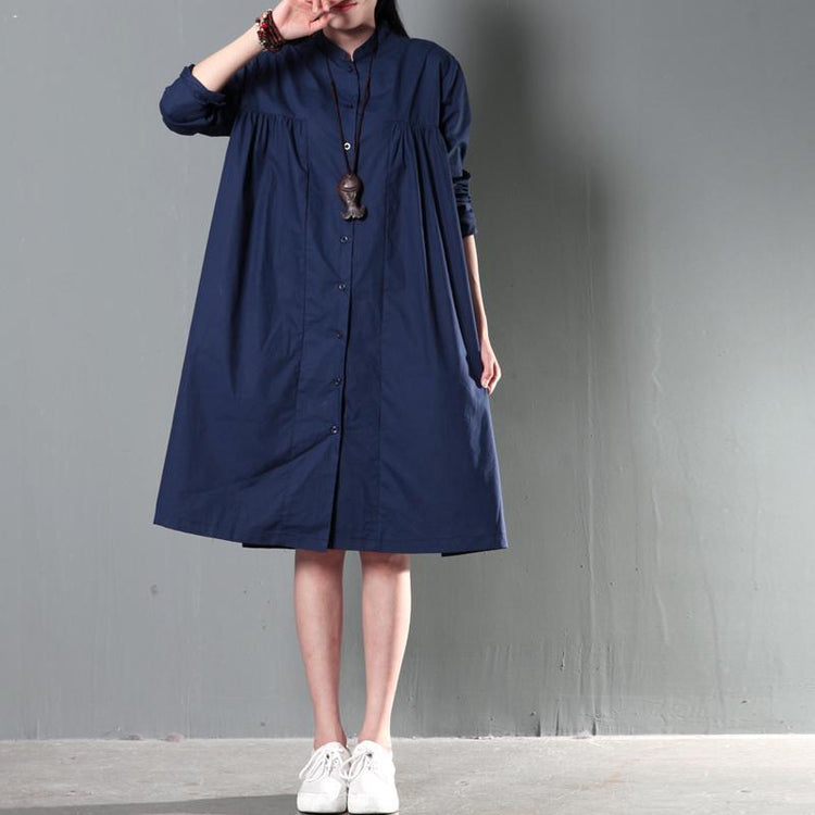 Navy blue oversize women linen shirt dress plus size cotton blouse top - Omychic