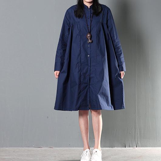 Navy blue oversize women linen shirt dress plus size cotton blouse top - Omychic