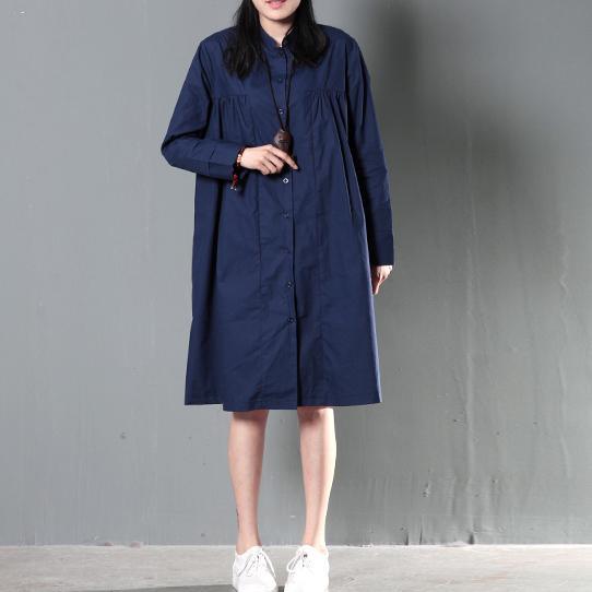 Navy blue oversize women linen shirt dress plus size cotton blouse top - Omychic