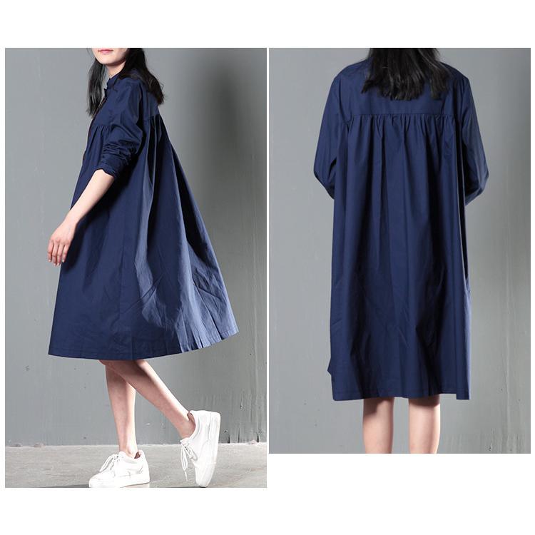 Navy blue oversize women linen shirt dress plus size cotton blouse top - Omychic