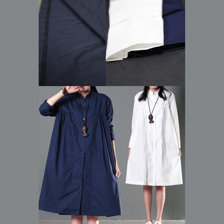Navy blue oversize women linen shirt dress plus size cotton blouse top - Omychic
