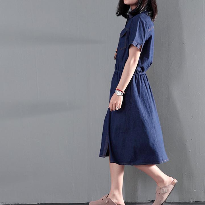 Navy blue summer denim dress tunic casual denim sundress plus size thin for summer - Omychic