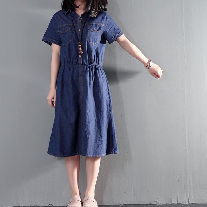 Navy blue summer denim dress tunic casual denim sundress plus size thin for summer - Omychic