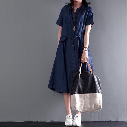 Navy blue summer denim maxi dress plus size denim sundress short sleeve fit flare dress - Omychic