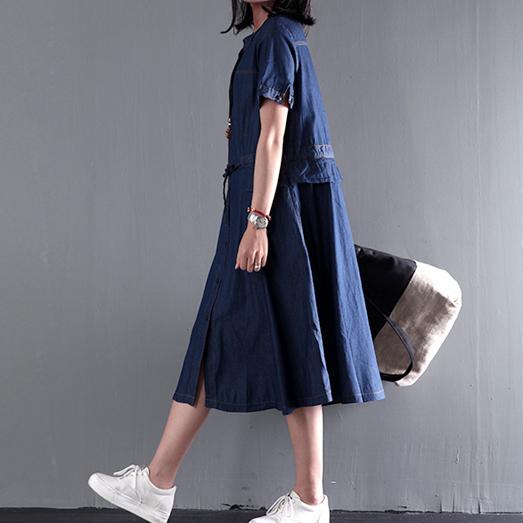Navy blue summer denim maxi dress plus size denim sundress short sleeve fit flare dress - Omychic