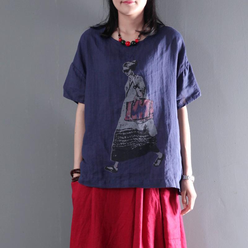 Navy city girl print linen top oversize women summer blouse t shirt - Omychic