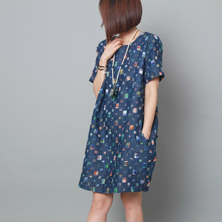 Navy cotton floral causal sundress baggy summer dress long blouse - Omychic