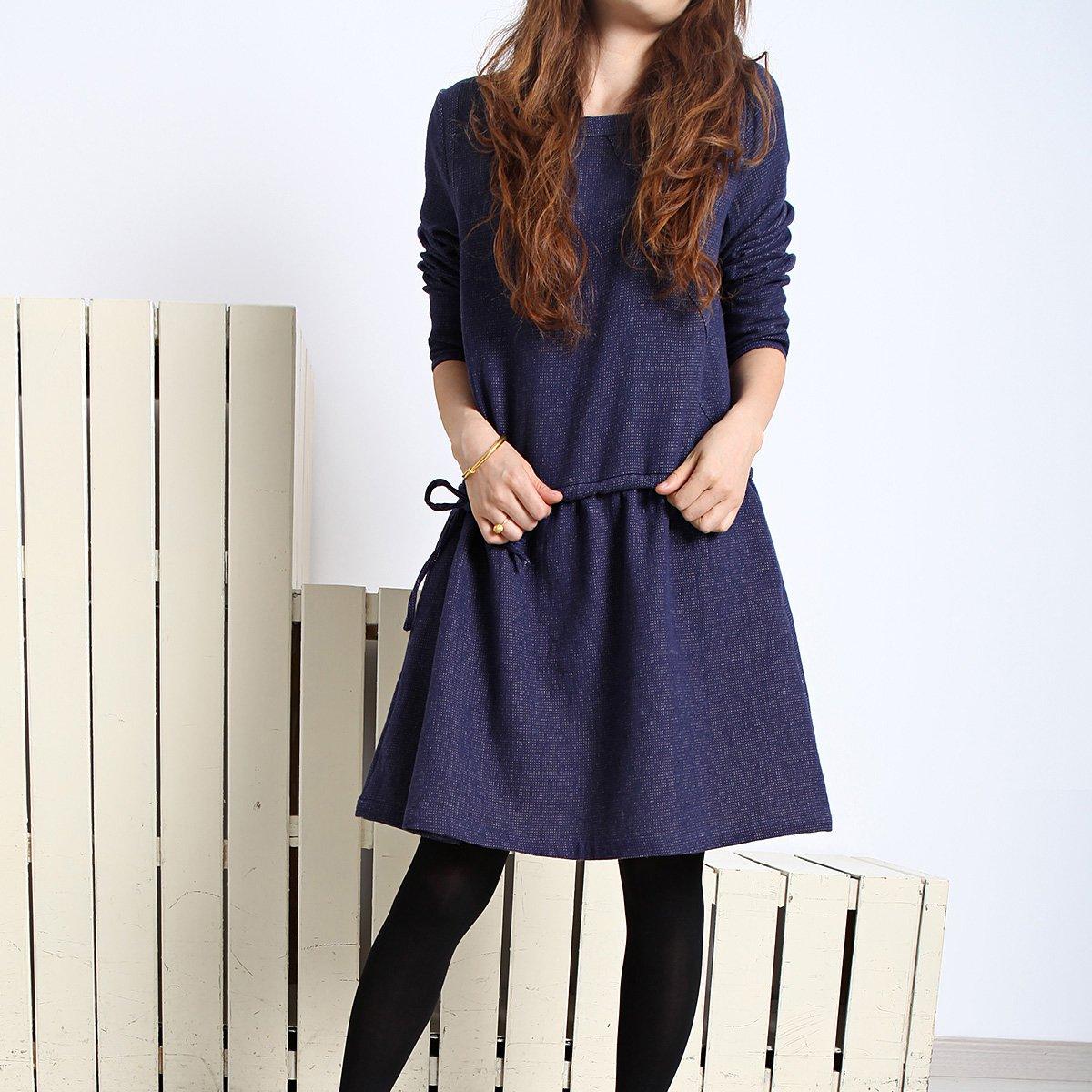 Navy cotton plus size spring dress long sleeve fit flare dress - Omychic
