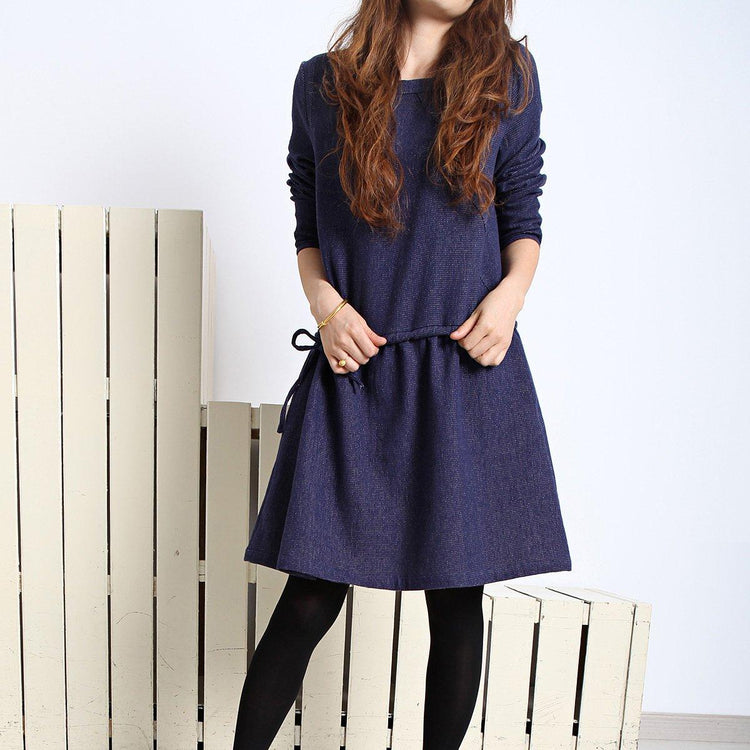Navy cotton plus size spring dress long sleeve fit flare dress - Omychic