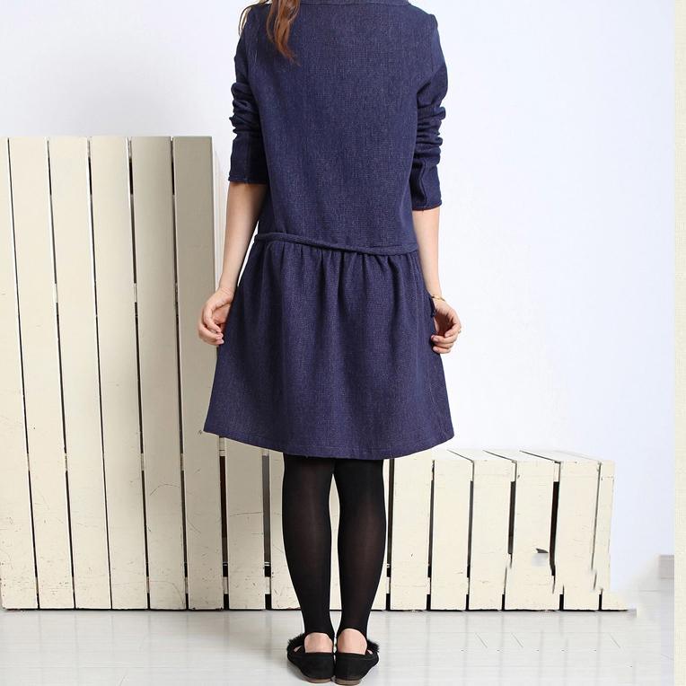 Navy cotton plus size spring dress long sleeve fit flare dress - Omychic