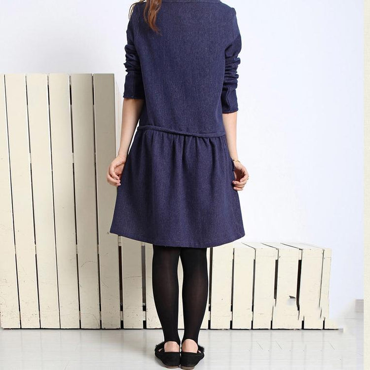 Navy cotton plus size spring dress long sleeve fit flare dress - Omychic
