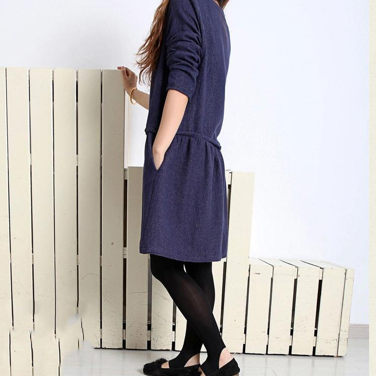 Navy cotton plus size spring dress long sleeve fit flare dress - Omychic