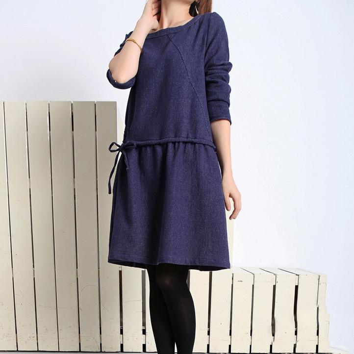 Navy cotton plus size spring dress long sleeve fit flare dress - Omychic