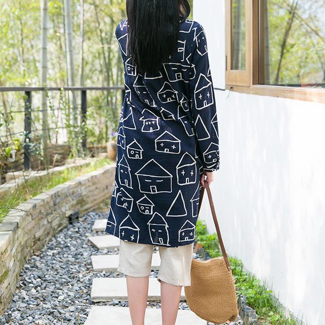 Navy cotton shirt long sleeves dress women blouse top Happy house print - Omychic