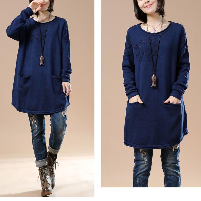 Navy cute plus size sweaters women knit dresses - Omychic