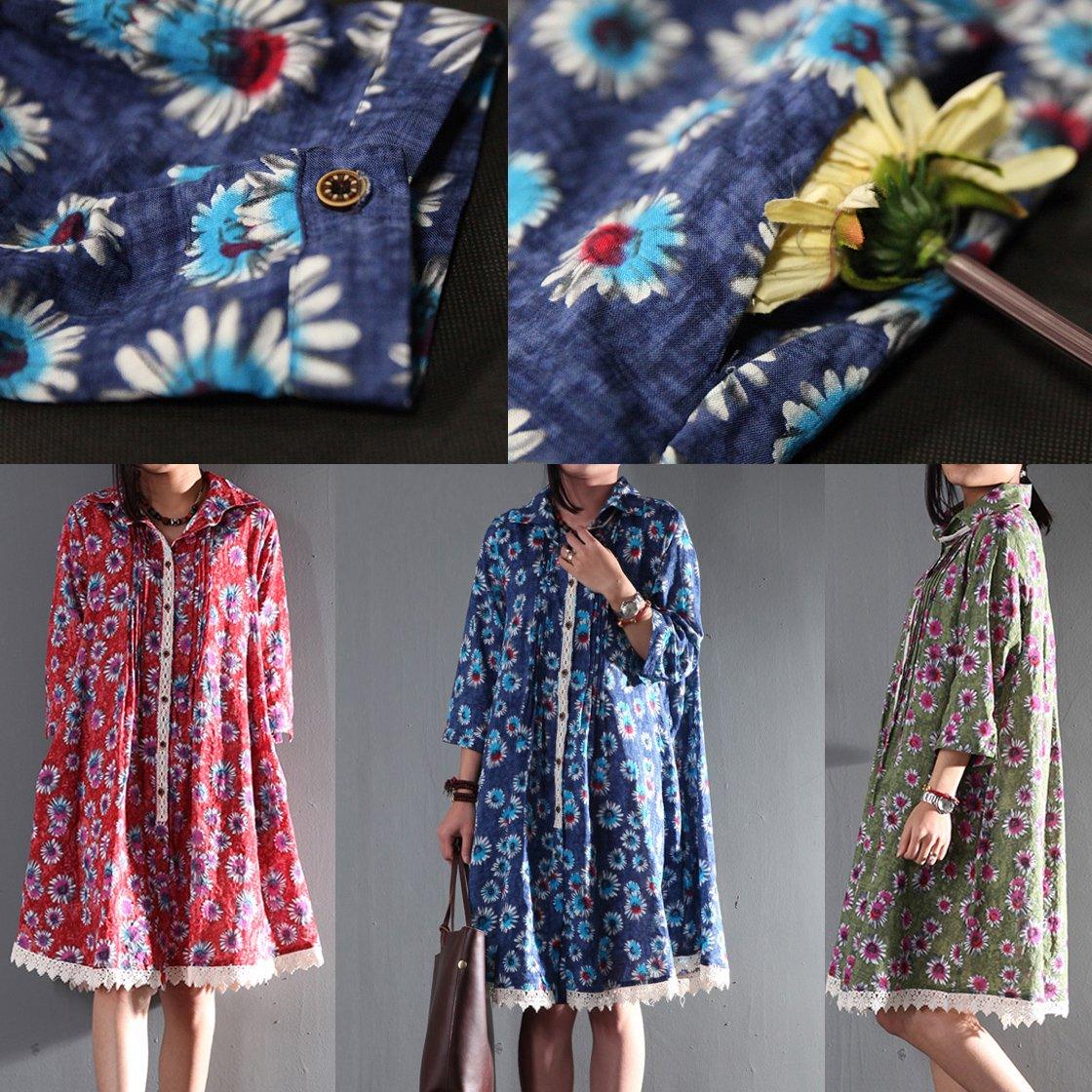 Navy daisy print sundress casual plus size maternity cotton dress linen clothing - Omychic