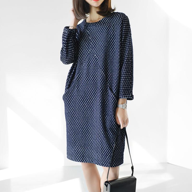 Navy dot cotton dresses plus size dress oversize shift dresses clothing - Omychic