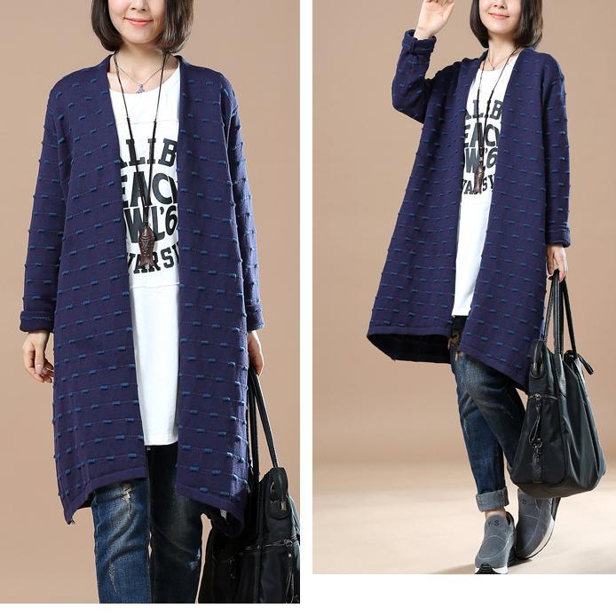 Navy dotted sweater cardigans long knit coats - Omychic