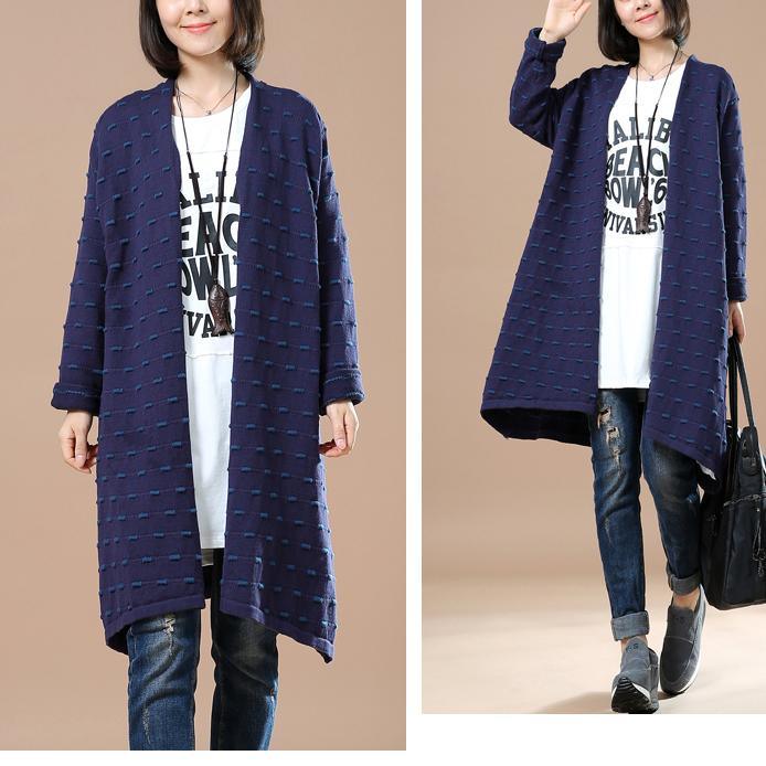 Navy dotted sweater cardigans long knit coats - Omychic