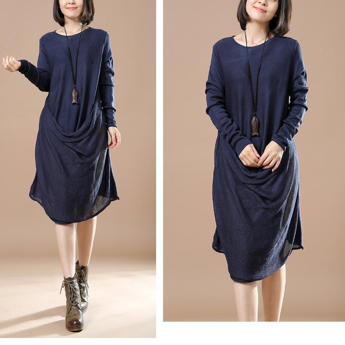Navy draping design sweater dresses - Omychic