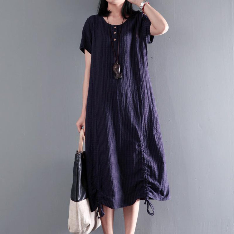 Navy drawstring linen maxi dress for summer unique long sundresses - Omychic
