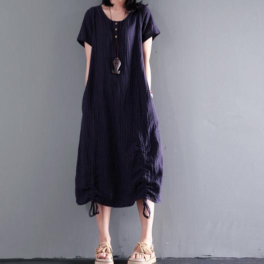 Navy drawstring linen maxi dress for summer unique long sundresses - Omychic