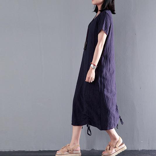 Navy drawstring linen maxi dress for summer unique long sundresses - Omychic