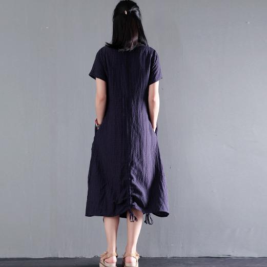 Navy drawstring linen maxi dress for summer unique long sundresses - Omychic