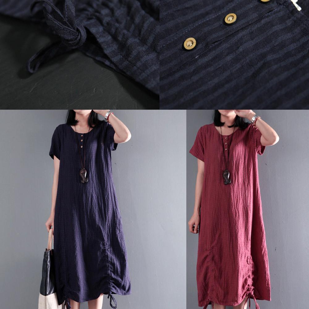 Navy drawstring linen maxi dress for summer unique long sundresses - Omychic