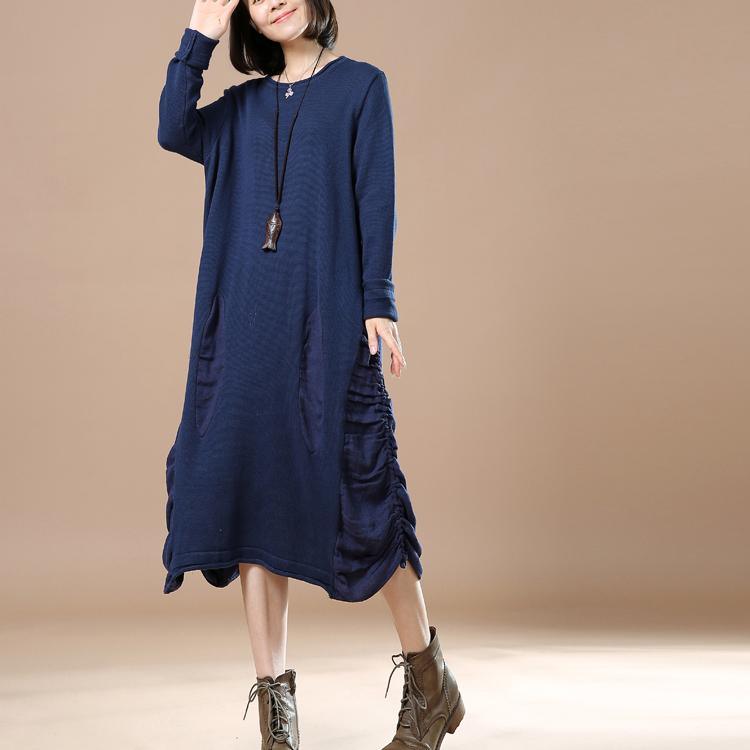 Navy drawstrings sweater dresses long sweaters oversize - Omychic