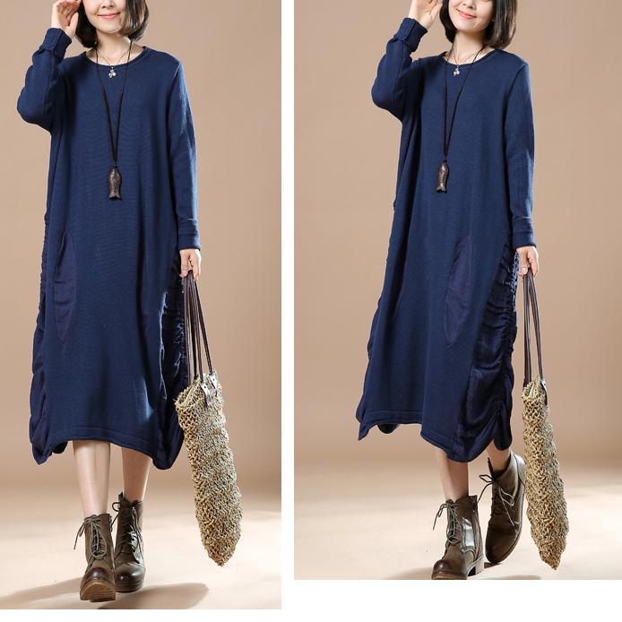 Navy drawstrings sweater dresses long sweaters oversize - Omychic