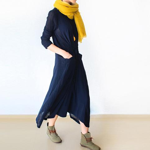 Navy fake two pieces pathwork linen cardigan with cotton dresses inside - Omychic