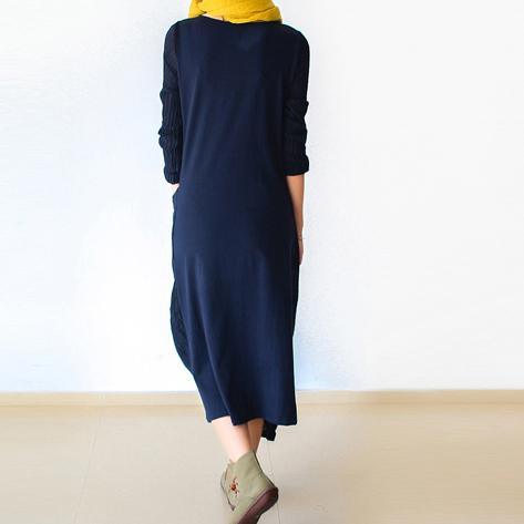 Navy fake two pieces pathwork linen cardigan with cotton dresses inside - Omychic