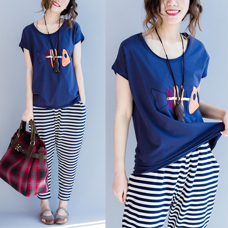 Navy fish print blouse summer shirts oversize tops - Omychic