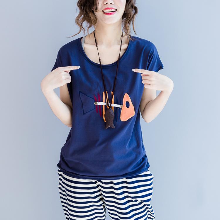 Navy fish print blouse summer shirts oversize tops - Omychic