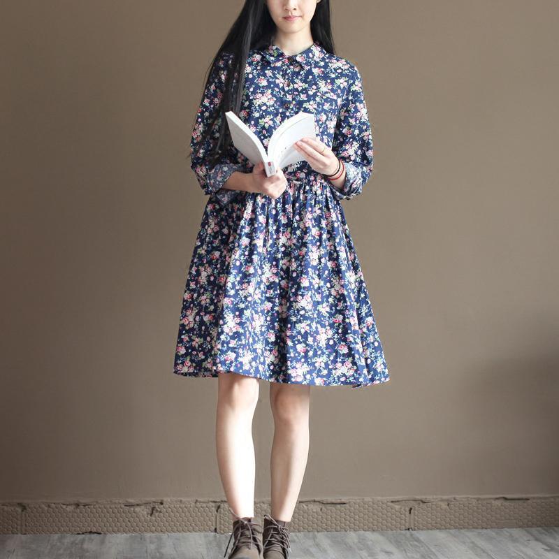 Navy floral cotton sundress half sleeve fit flare dresses - Omychic